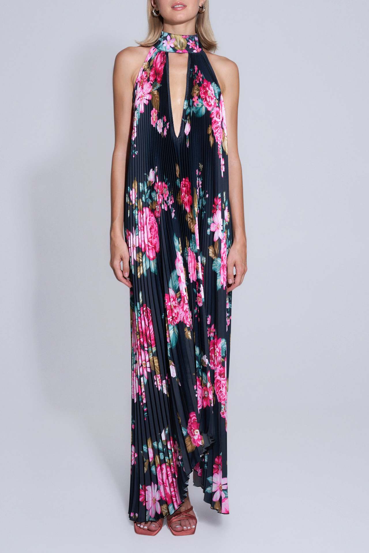 Fudus bedrucktes Swing-Kleid mit tiefem V-Ausschnitt