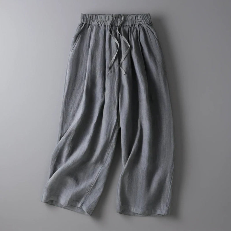 Pantalon Katia en Lin Coupe Large Courte et Taille Élastique avec Cordon Ajustable