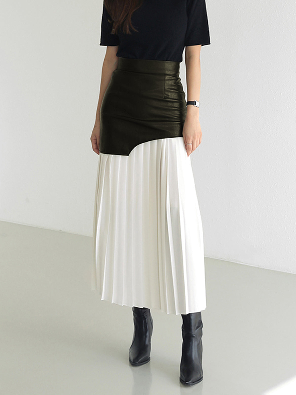 Jupe Midi Patchwork Asymétrique En Simili Cuir Et Chiffon Plissée Pour Femme Chic Polyvalente Bureau Dîner