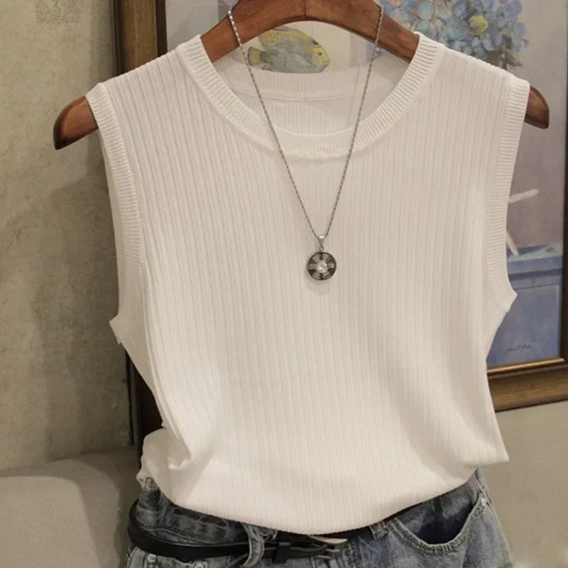Ava Veste Sans Manches Tricotée Été Col Rond Décontractée Pour Femme Avec Shorts Ou Jeans