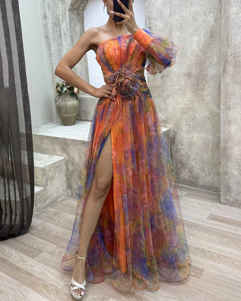 Robe De Soirée Femme Amawinc Épaule Unique Manche Longue Fente Haute Drapée Élégante Pour Galas