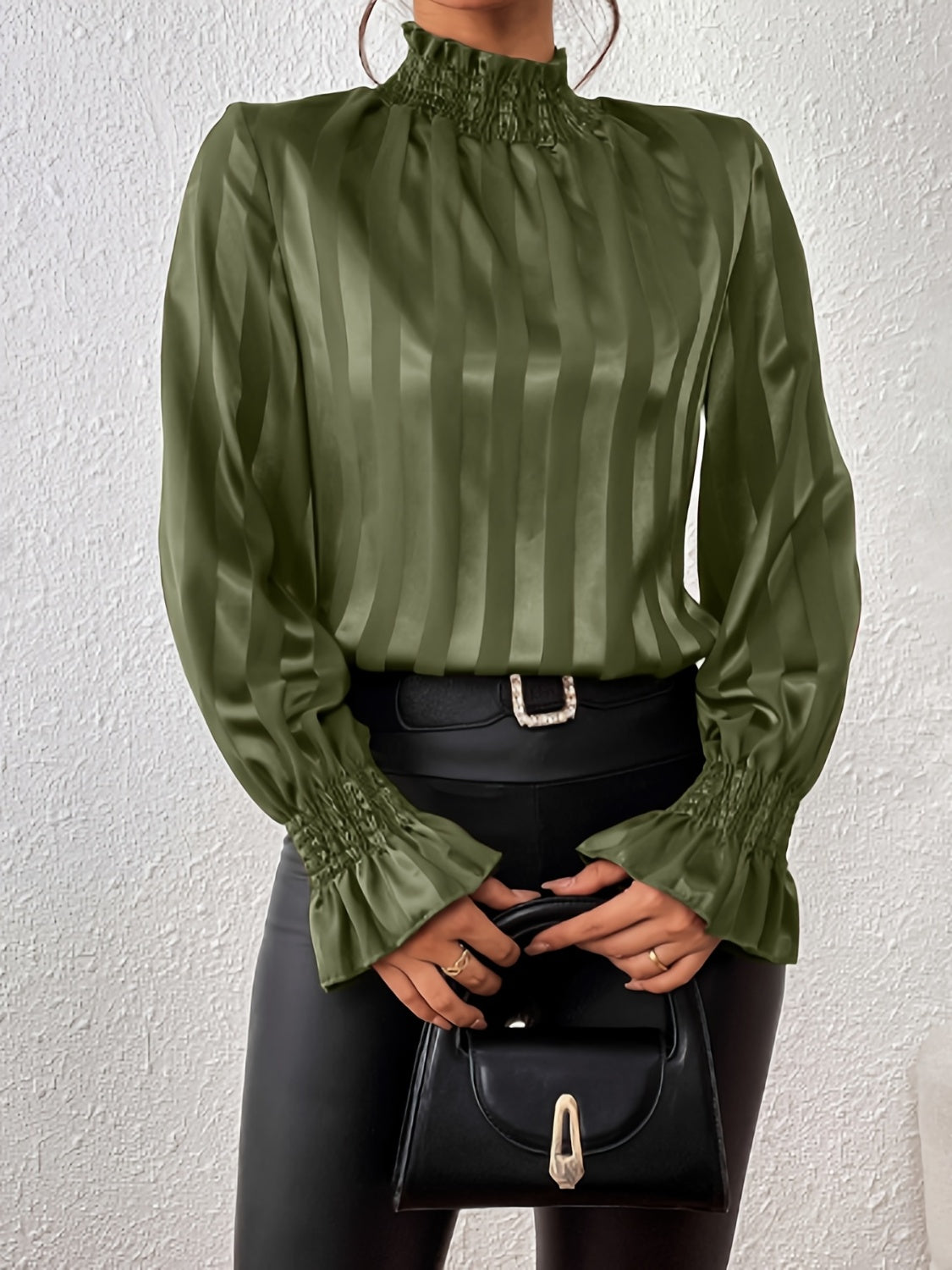 Blouse Femme Col Haut À Volants Bouffantes Manches Smockées Satin Brillant Élégante