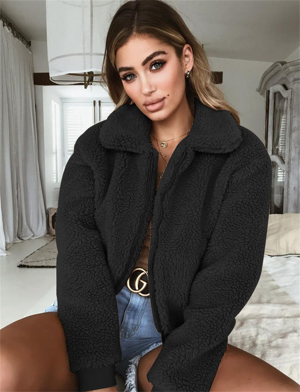 Veste Courte Femme Polaire Texture Douce Décontractée Zip Avant Col Revers Pour Style Quotidien Amawinc