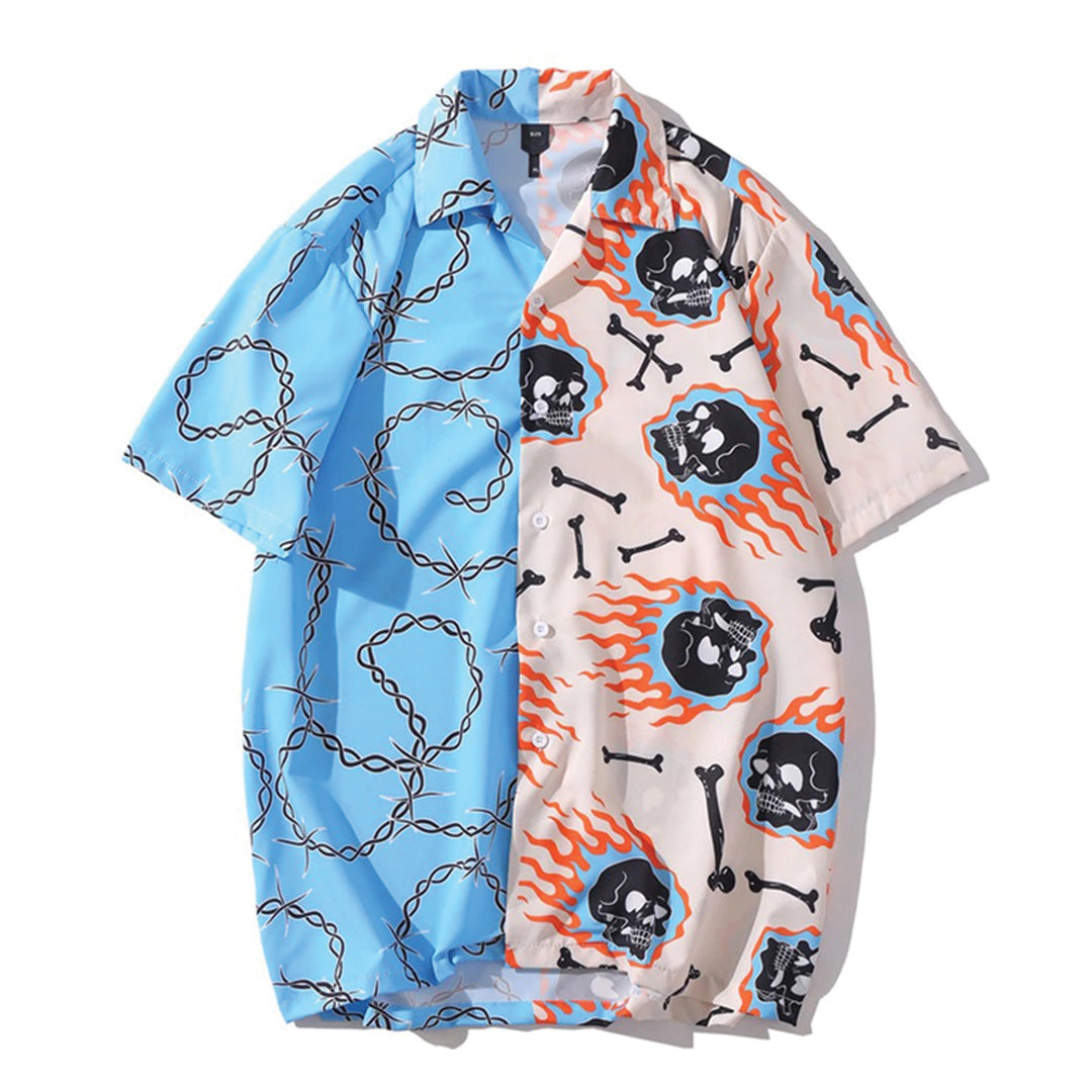 Chemise Division Skullworks Avec Motifs Crâne En Flammes Et Barbelés Panneaux Contrastés Col Camp Confortable Drapé