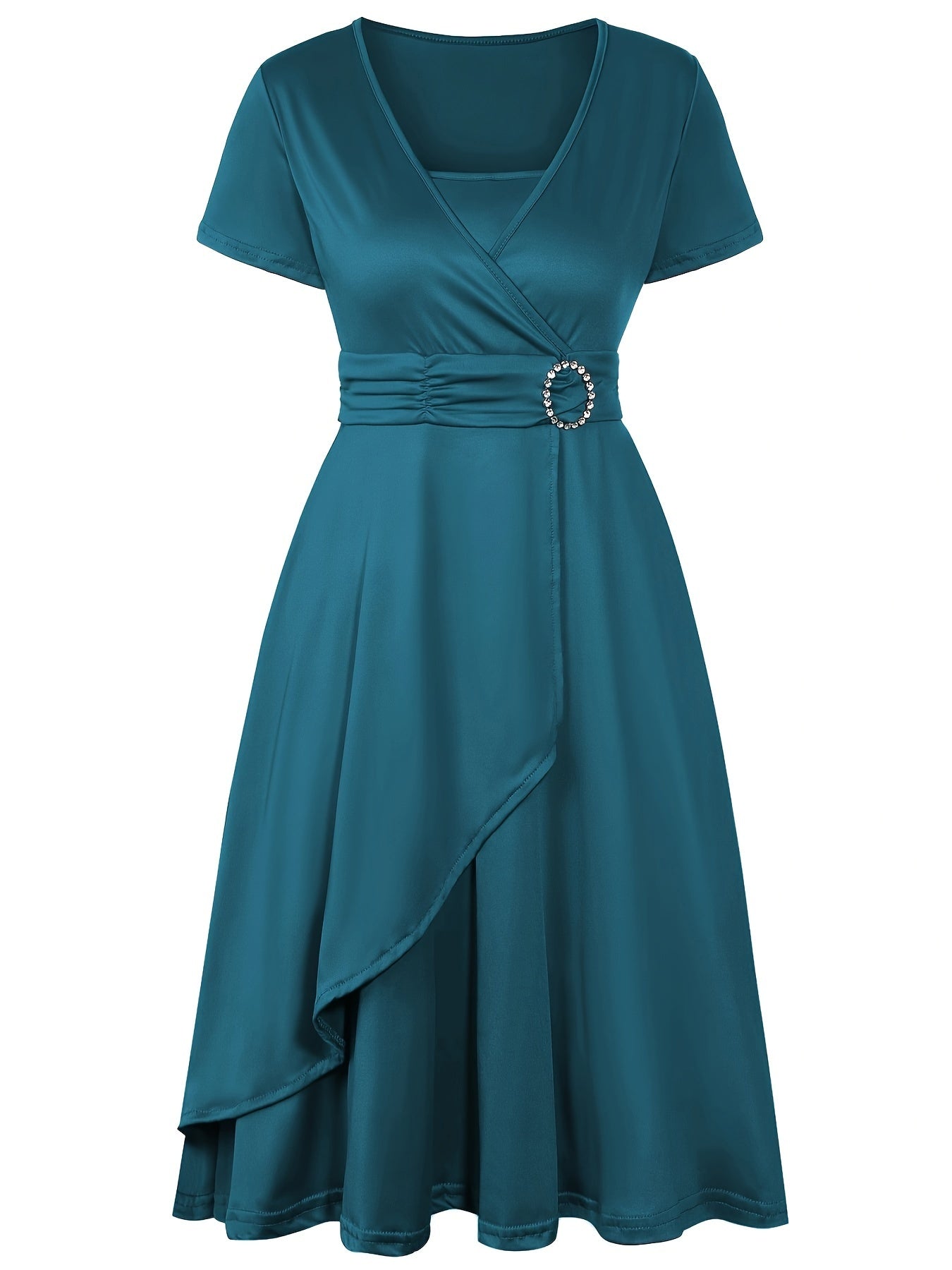 Robe Portefeuille Femme Encolure En V Manches Courtes Détail Élégant De Taille Polyvalente