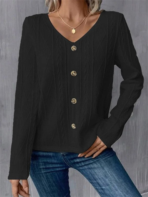 Chemise Femme Manches Longues en Maille Douce Coupe Régulière Col en V Boutons Devant Nordisk-Flair