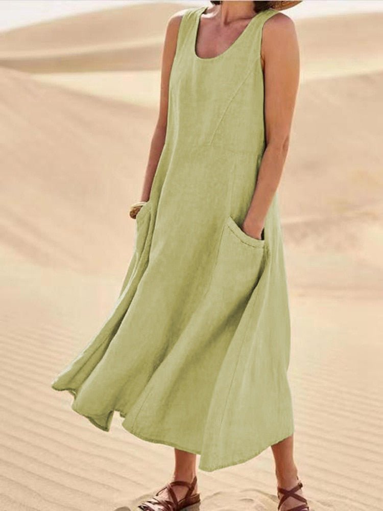 Robe Sans Manches Femme Midi Ample Respirante Mélange Coton Lin Avec Poches Latérales