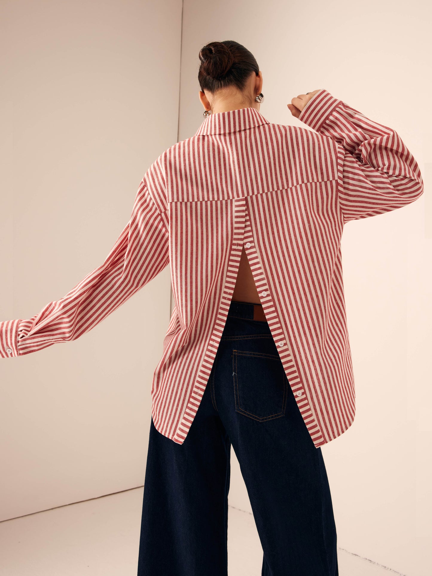Chemise Décontractée En Mélange Coton Lin À Rayures Pinstripe Col Polo Dos Nu Manches Longues Style Loisir