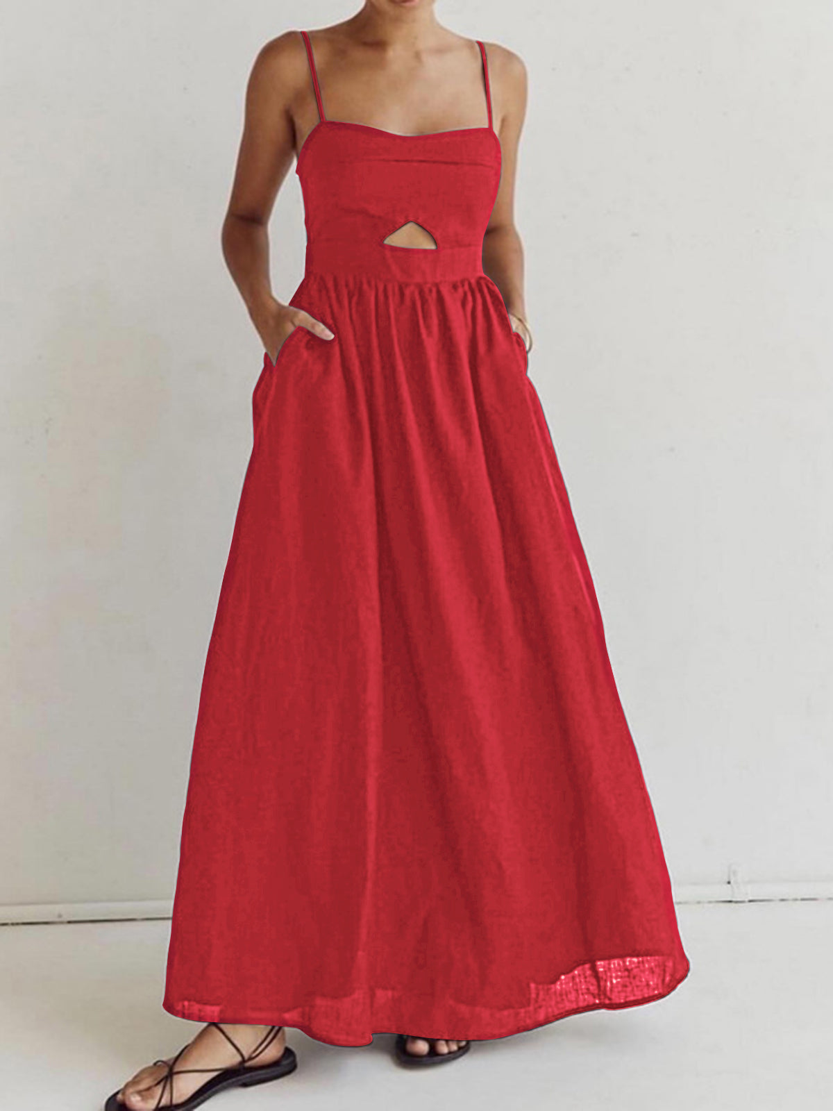 Robe Longue En Coton Sans Manches Avec Poches Et Découpe Estivale Confort Léger Et Look Décontracté Amawinc