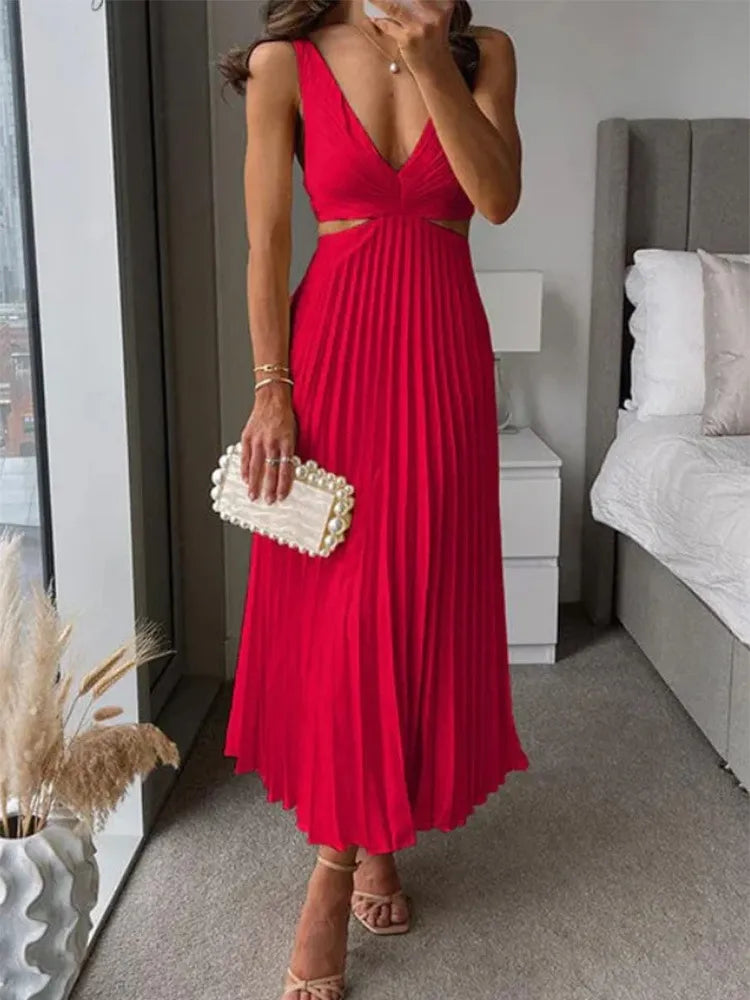 Caroline Amawinc Robe Longue Plissée Avec Encolure en V Pour Femmes Élégante Maxi Cérémonies