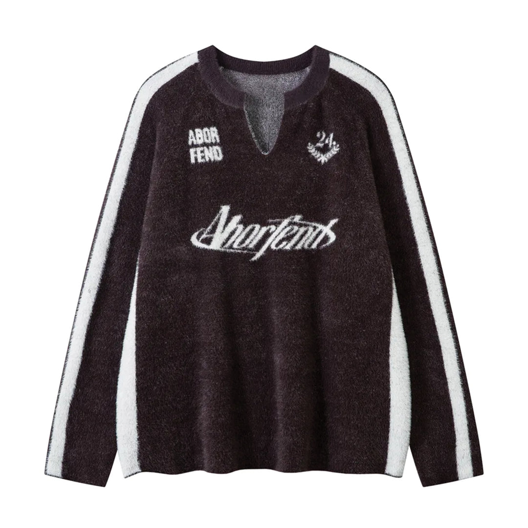 Pull Col V En Maille Rayé Avec Script Jacquard Coton Polyester Oversize Confort Décontracté