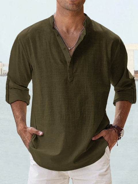 Chemise Homme Décontractée À Col Mao Manches Longues En Tissu Léger Durable Et Écoresponsable