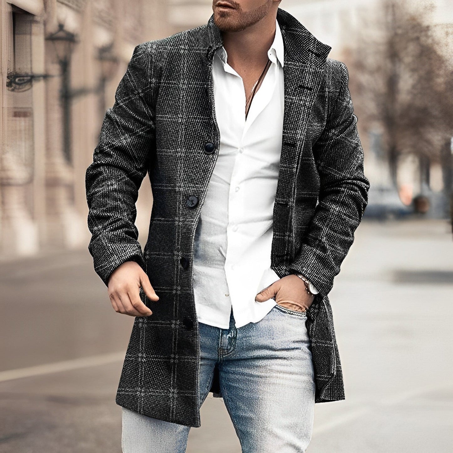 Manteau Long Boutonné Pour Homme Amawinc Moderne Hiver Avec Fermeture Bouton Classique