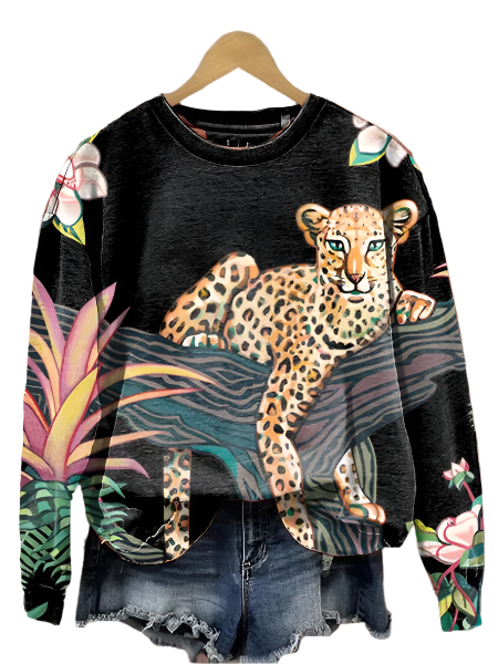 Damen Sweatshirt mit Langarm, Tier- und Blumenmuster von Fudus