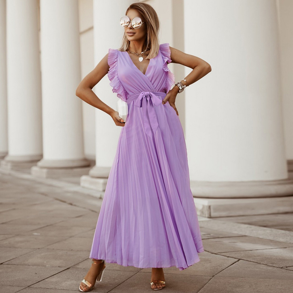 Robe Maxi Amawinc Sans Manches Décolleté En V Avec Épaules Plissées À Volants Longueur À La Cheville Élégante