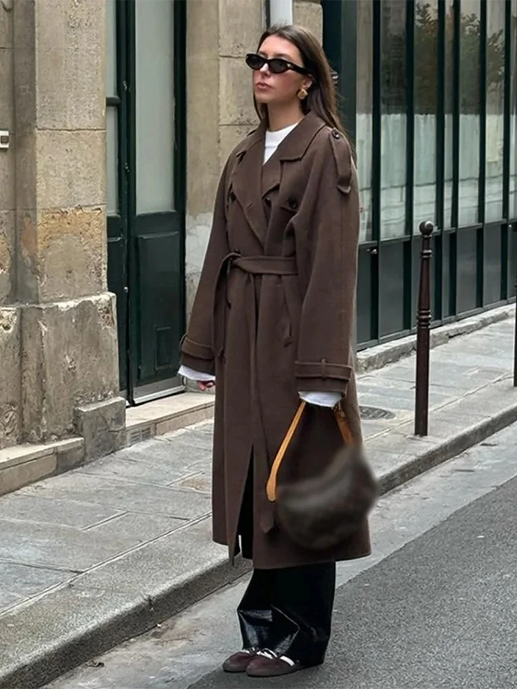 Trench Féminin En Laine Mélangée Double Boutonnage Avec Ceinture Longueur Intégrale