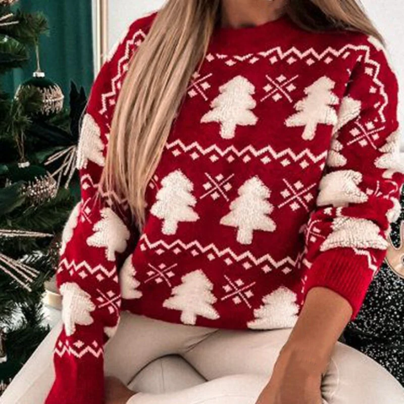 Pull Femme Décontracté en Tricot de Laine Motif Sapin et Bordures Côtelées Chaudes