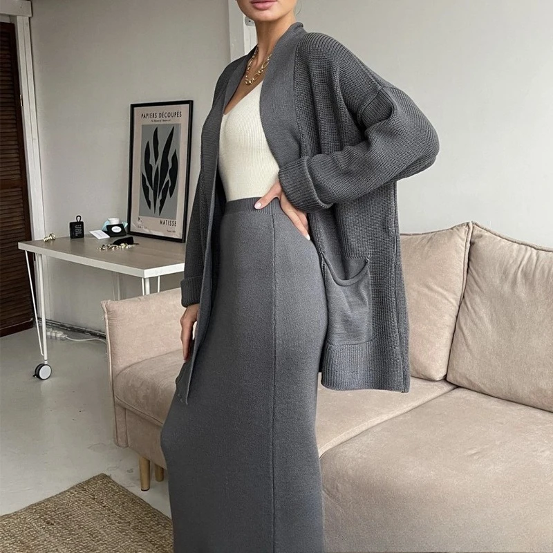 Ensemble Deux Pièces En Maille Pour Femmes Cardigan Oversized Et Jupe Midi Taille Haute