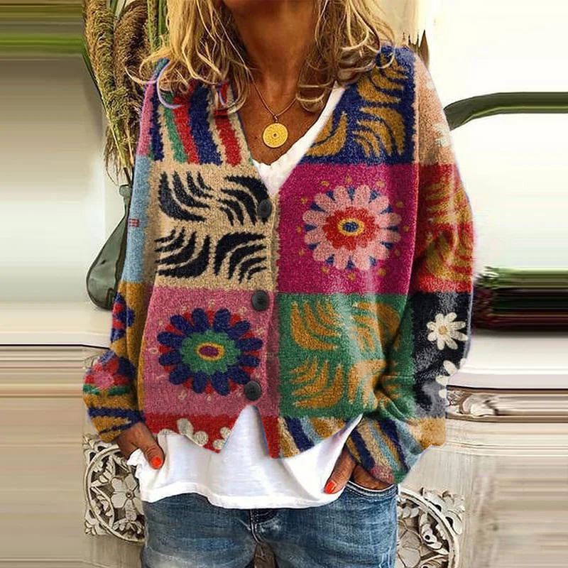 Cardigan Femme Maille Décontractée Patchwork Fleuri Détail Bouton Devant Printemps Automne