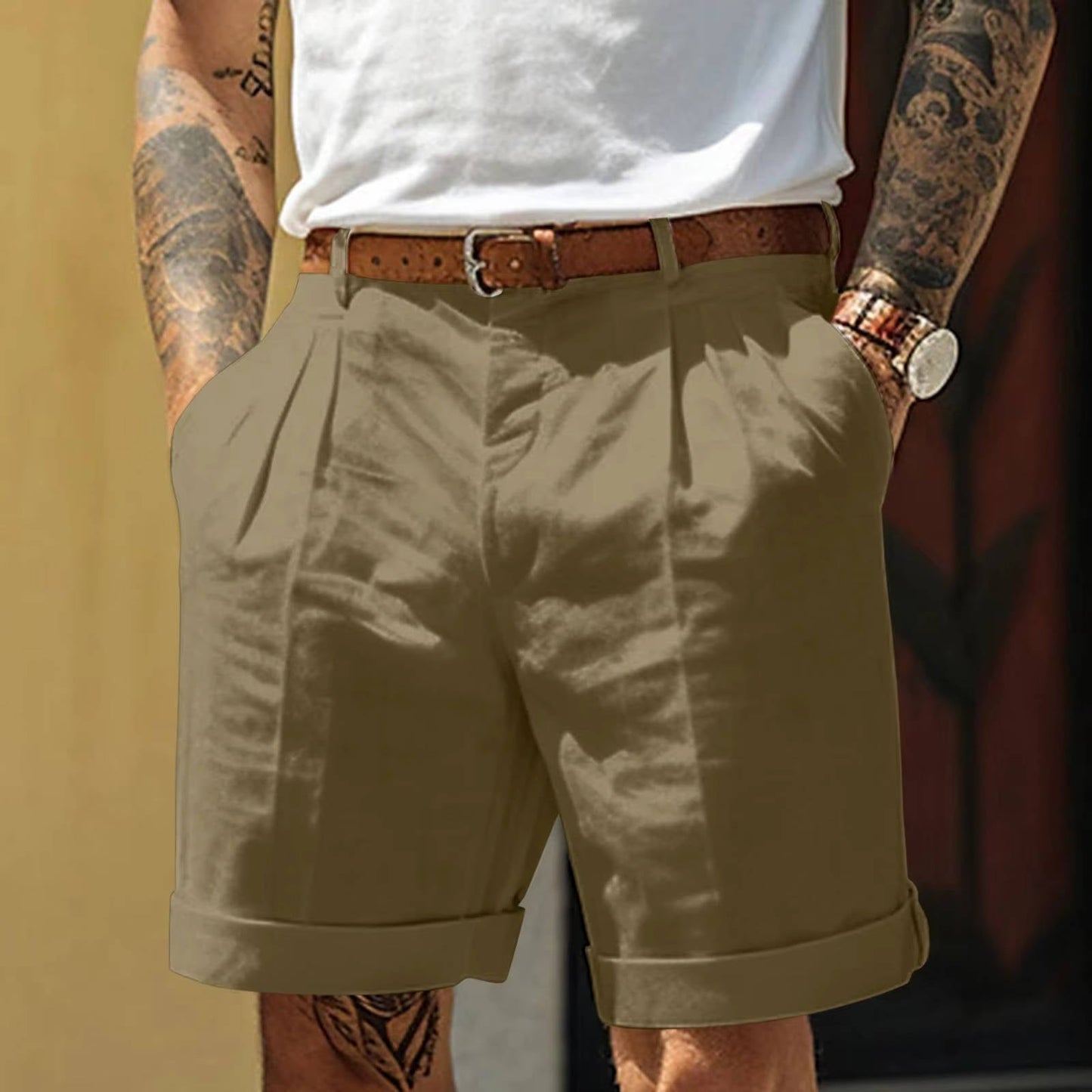 Shorts Homme Blanc Classique À Plis En Mélange Coton Lin Avec Ourlet Replié Pour Confort Quotidien