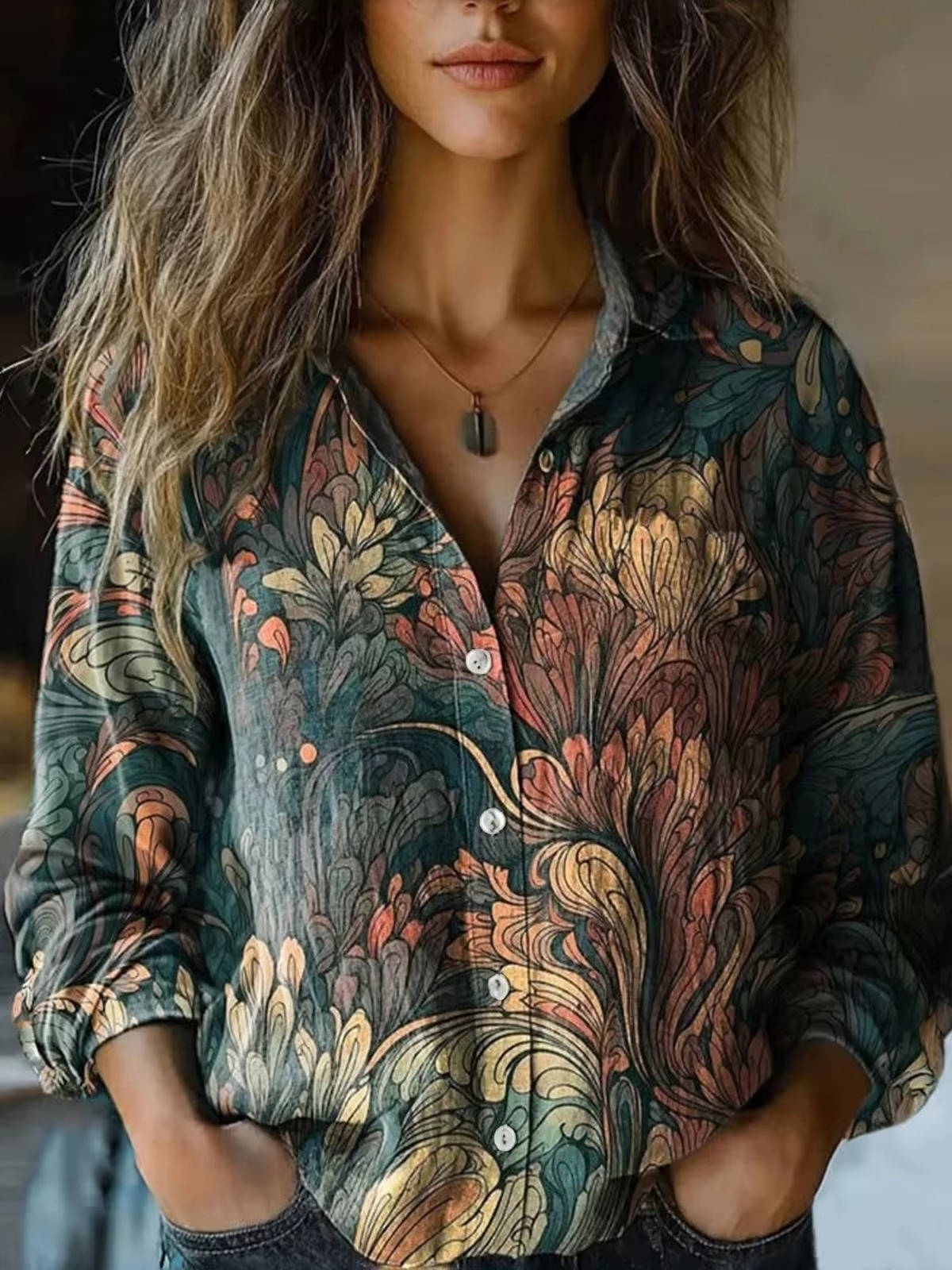 Blouse Florale Femme Manches Longues en Coton Lin Mélangé Respirante Confortable