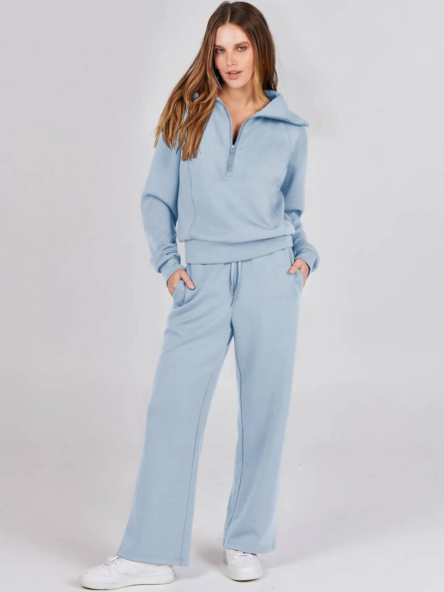 Amawinc Ensembles Deux Pièces Lounge Pour Femme Confort Quotidien Avec Sweat Col V Demi Zip