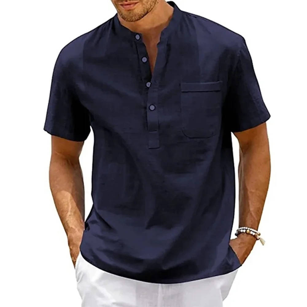 Chemise Lin Homme Henley À Manches Courtes Décontractée Été Poche Poitrine Beige