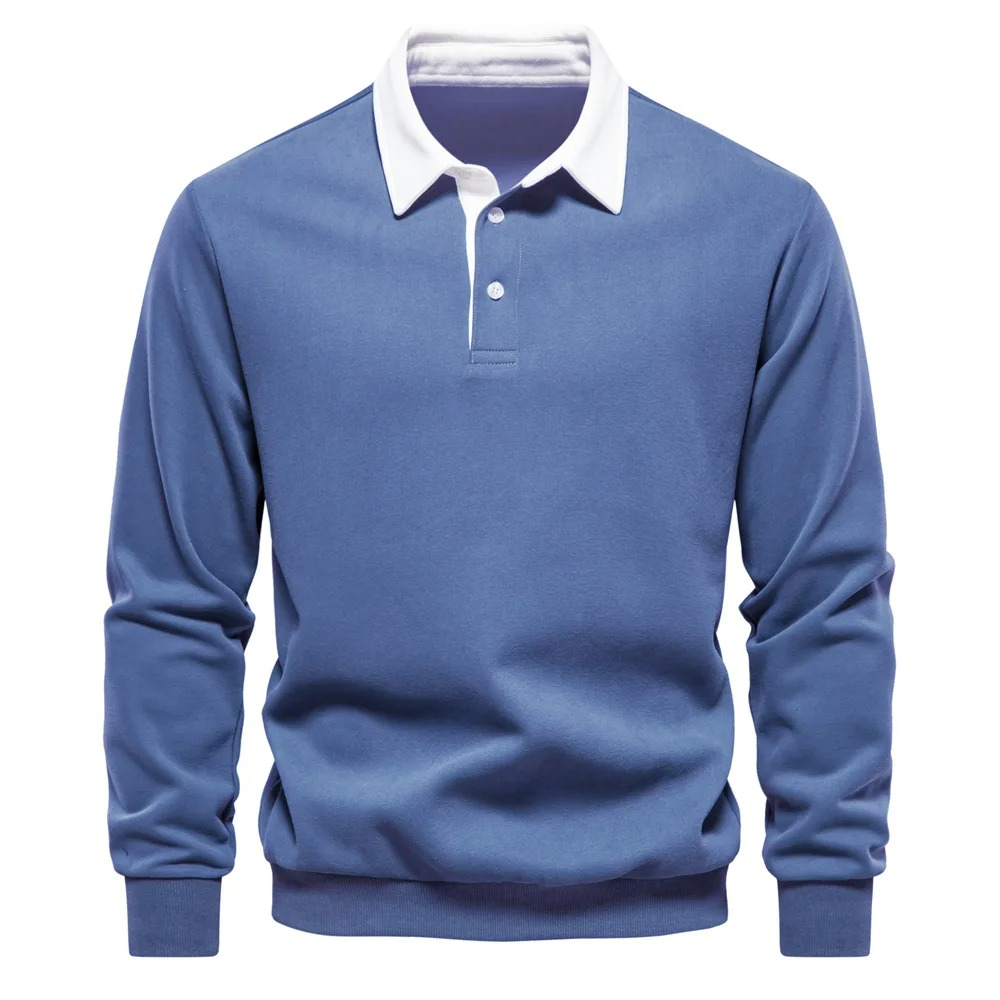 Polo Homme À Manches Longues En Mélange Coton Confort Coupe Décontractée Pour Quotidien Col Blanc