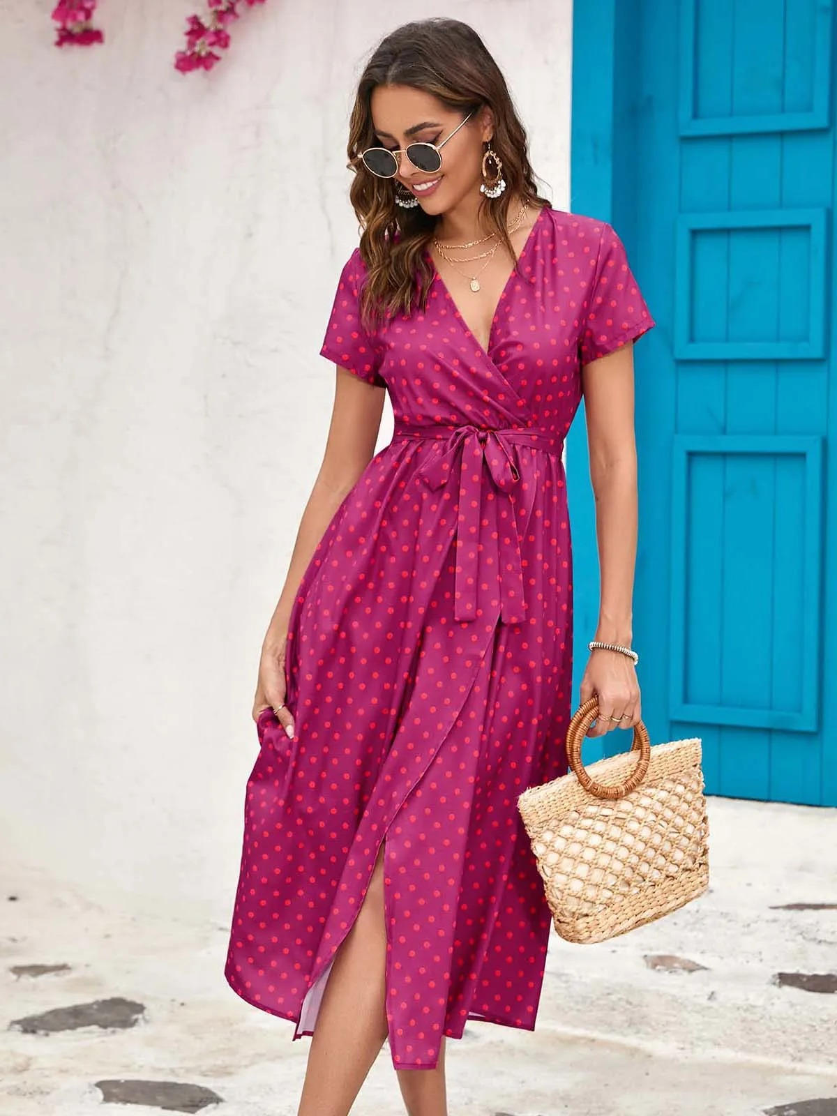 Robe Midi Florale à Encolure V et Ceinture Wrap pour Bureau et Soirée Amawinc Polyvalente Élégante