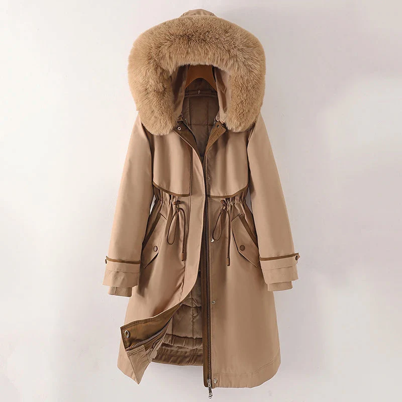 Veste Parka Pour Femme Coupe Ajustée Capuche Bordée de Fourrure Doublure Matelassée Fermeture Éclair
