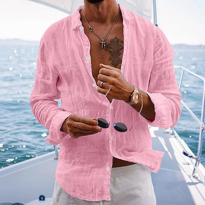 Chemise Homme En Lin Respirante À Manches Longues Légère Décontractée Pour Quotidien Beige Naturel