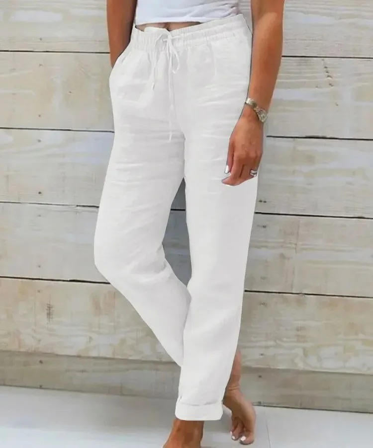 Pantalon Femme En Lin À Taille Élastique Confort Estival Décontracté Pour Sorties