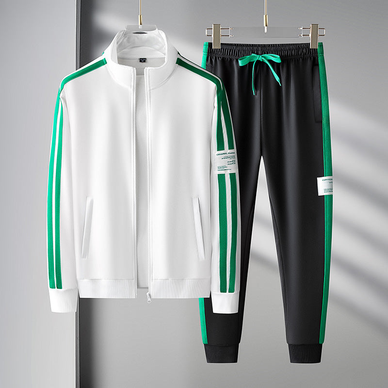 Survêtement Homme Deux Pièces Avec Veste Zippée Et Jogging Noir À Rayures Vertes Amawinc