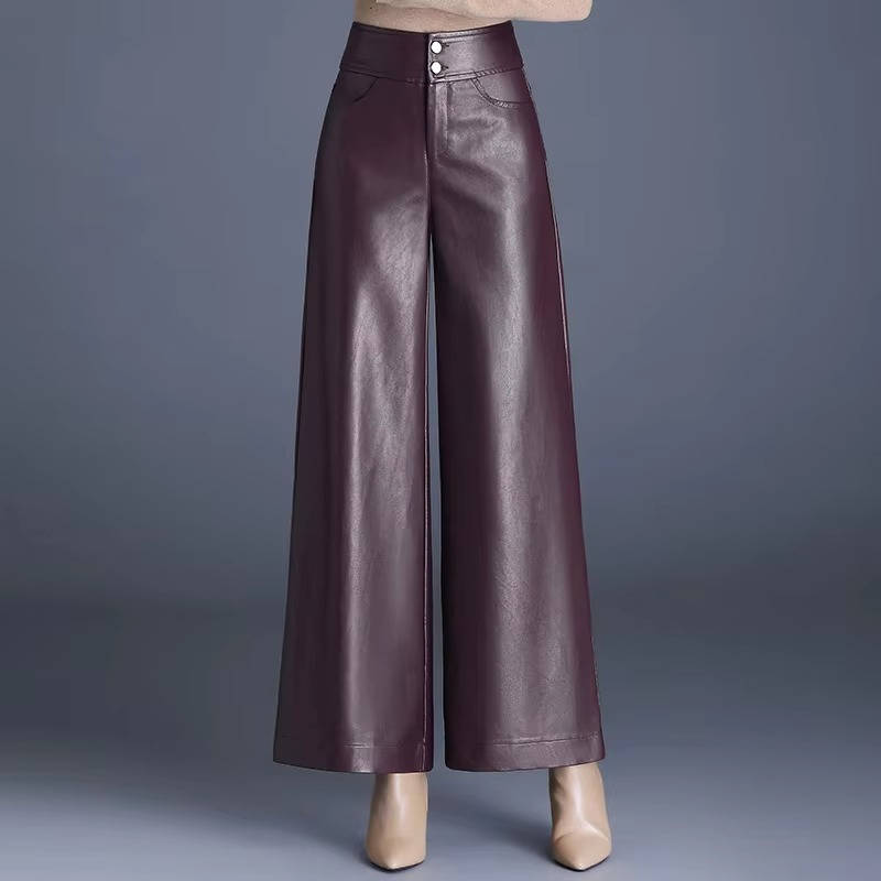 Pantalon Évasé pour Femme en Cuir Synthétique à Jambe Large pour Quotidien et Sorties
