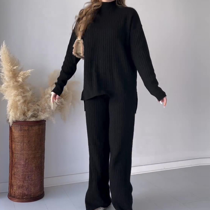 Ensemble Deux Pièces Pull Et Pantalon Femme Maille Côtelée Nordisk Flair Col Rond Manches Longues