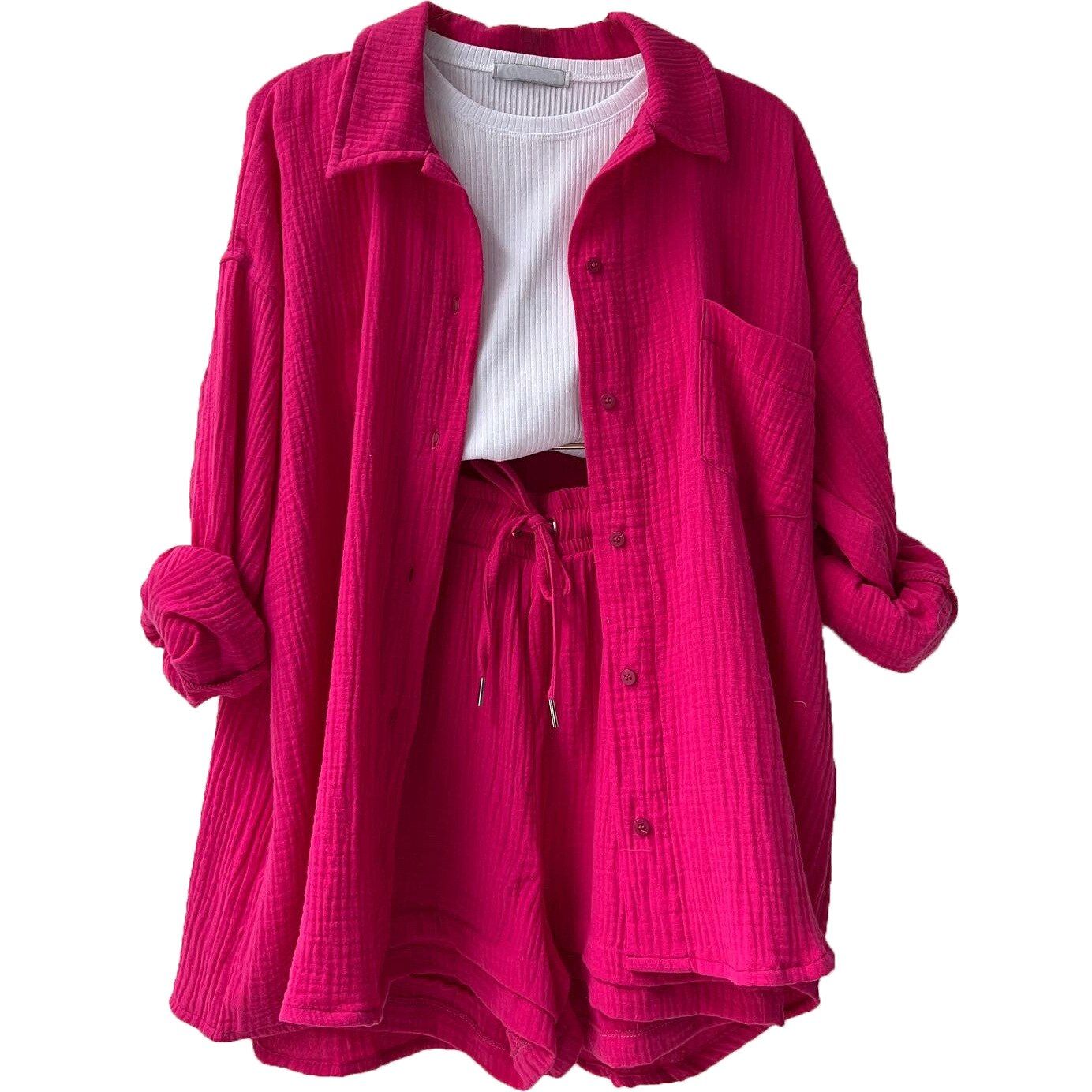 Ensemble Femme Coton Léger Avec Chemise À Boutons Et Short À Taille Elastique Confort Quotidien Été Décontracté
