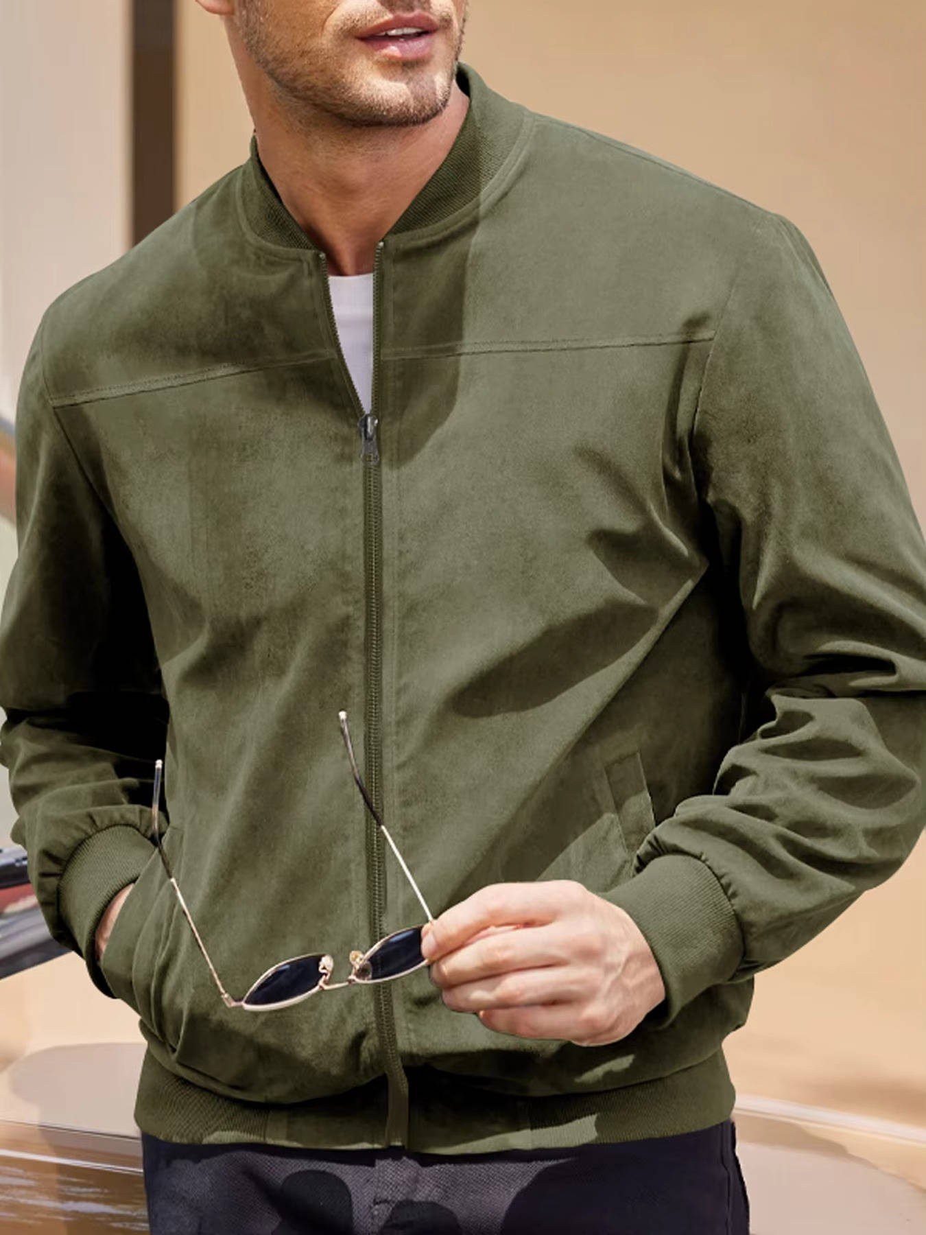 Veste Pour Homme En Daim Déperlante Coupe Vent Légère Bomber Moderne Toutes Saisons