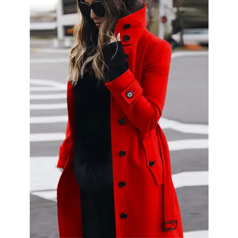 Manteau Femme En Laine Slim Fit À Boutonnage Simple Col Debout Longueur Totale Élégante