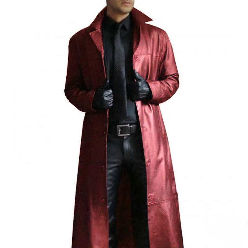 Manteau Trench Long en Cuir Homme Premium Plein Grain Classique Résistant au Vent