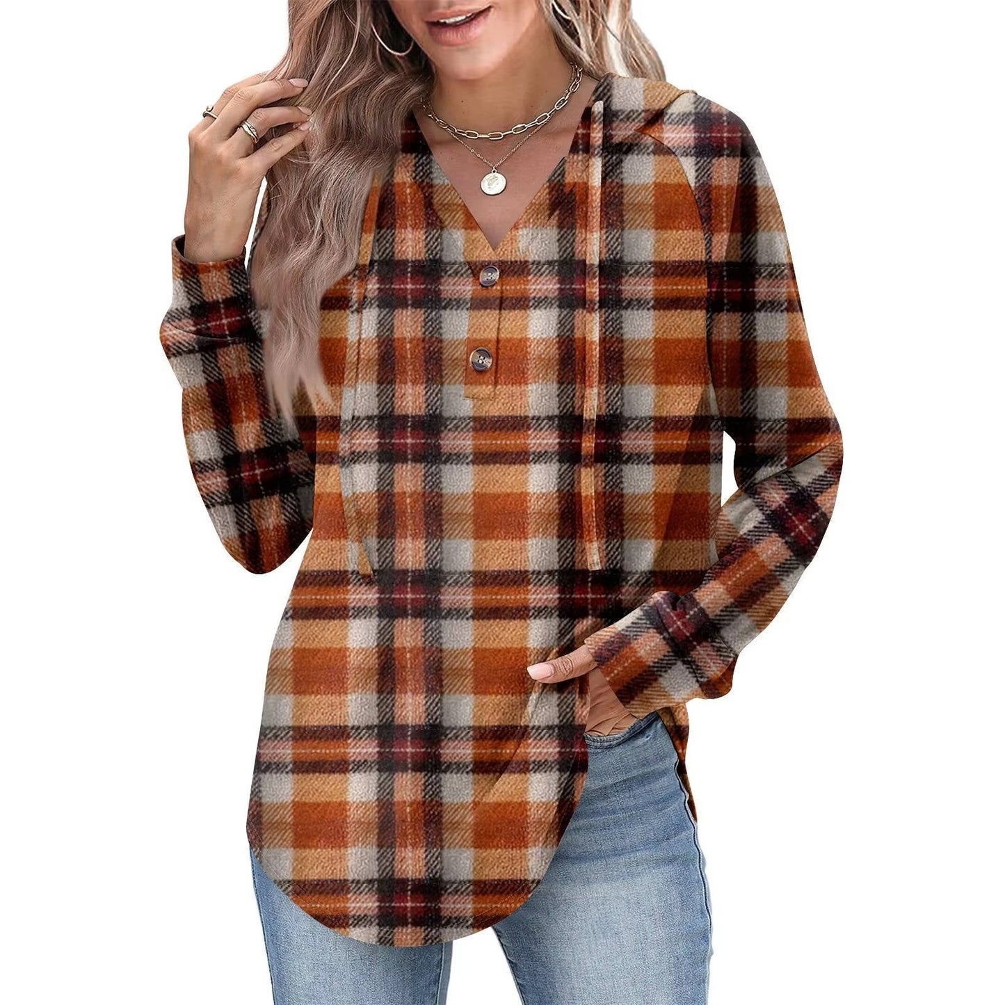 Tops Femme Sweat À Capuche Col En V Boutons Ajustables Pour Look Décontracté Amawinc