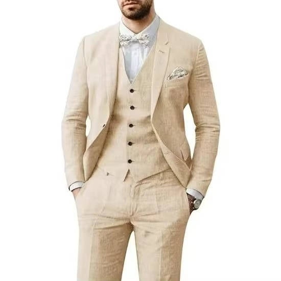 Costume Lin Décontracté Trois Pièces Pour Homme Avec Gilet Bleu Clair Pour Mariages D'Été Par Amawinc