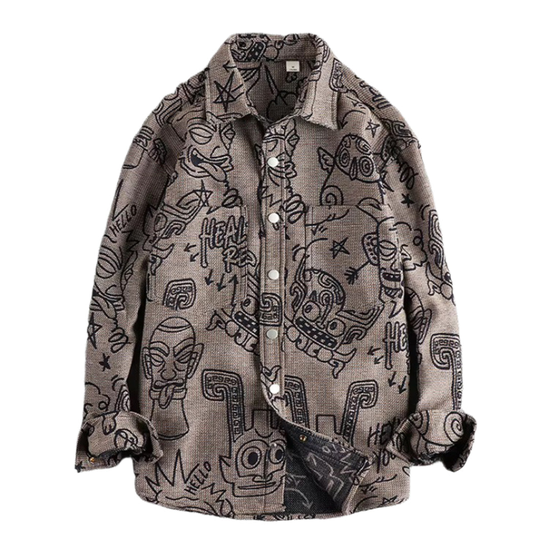 Chemise En Coton Imprimé Bande Dessinée Coupe Décontractée Oversize Fermeture Bouton Pression Col À Revers