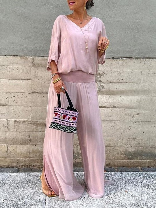 Ensemble Deux Pièces Pantalon En Chiffon À Jambe Large Et Haut Assorti Pour Un Style Élégant Confortable Et Fluide