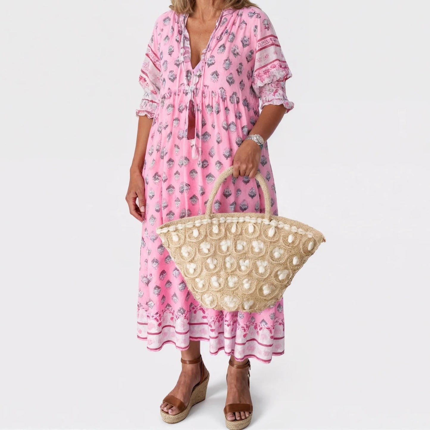 Robe Midi Femme Été À Fleurs Décolleté V Fluide Respirante Pour Confort Par Temps Chaud