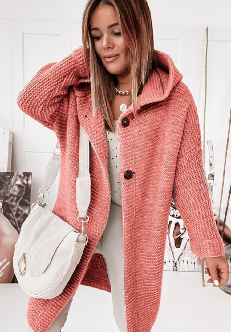 Cardigan à Capuche Femme en Laine Tricotée Coupe Décontractée Mi Longueur Bouton Unique