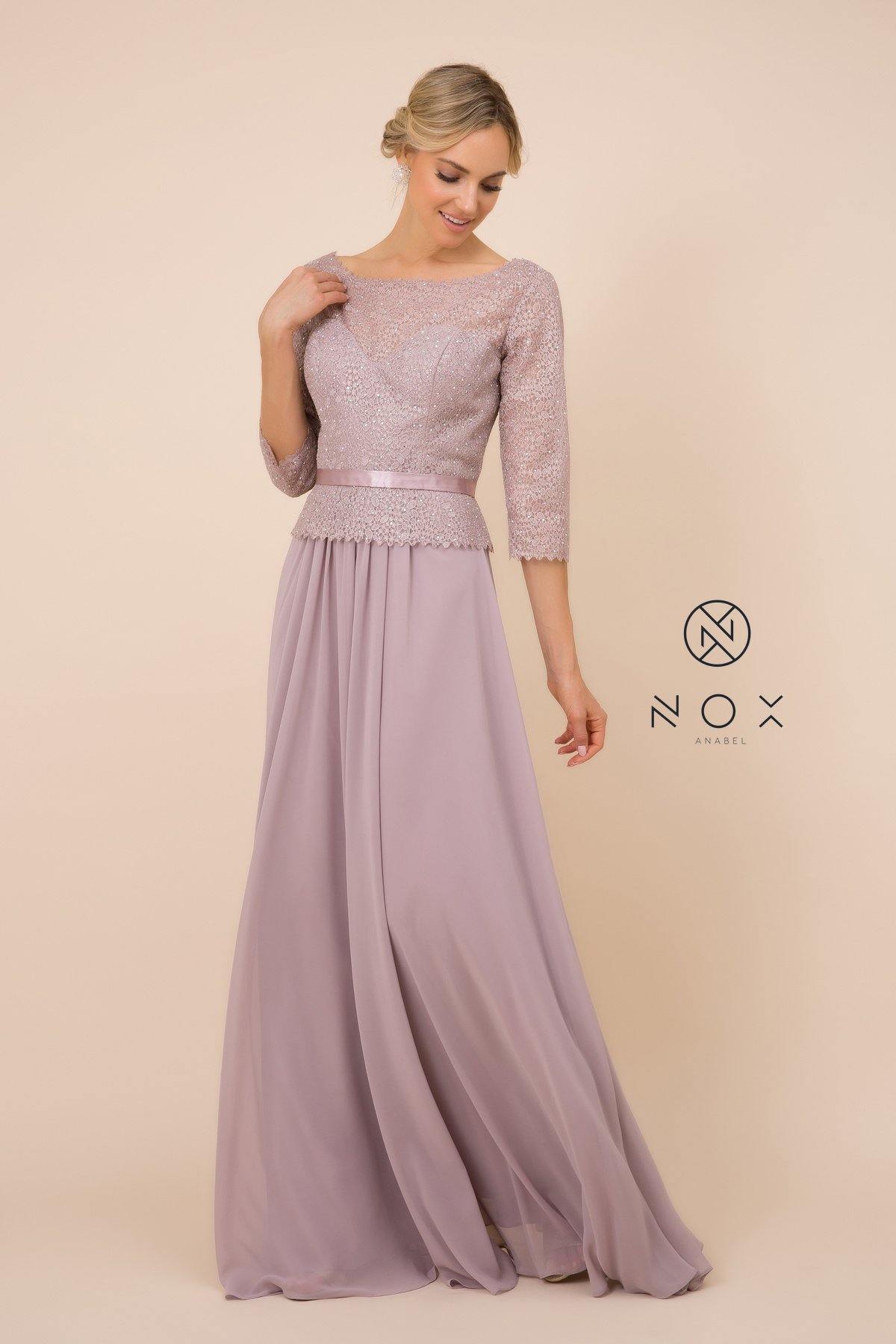 Robe Longue Formelle Pour Mère De La Mariée En Dentelle Avec Encolure Bateau Et Manches Trois Quarts