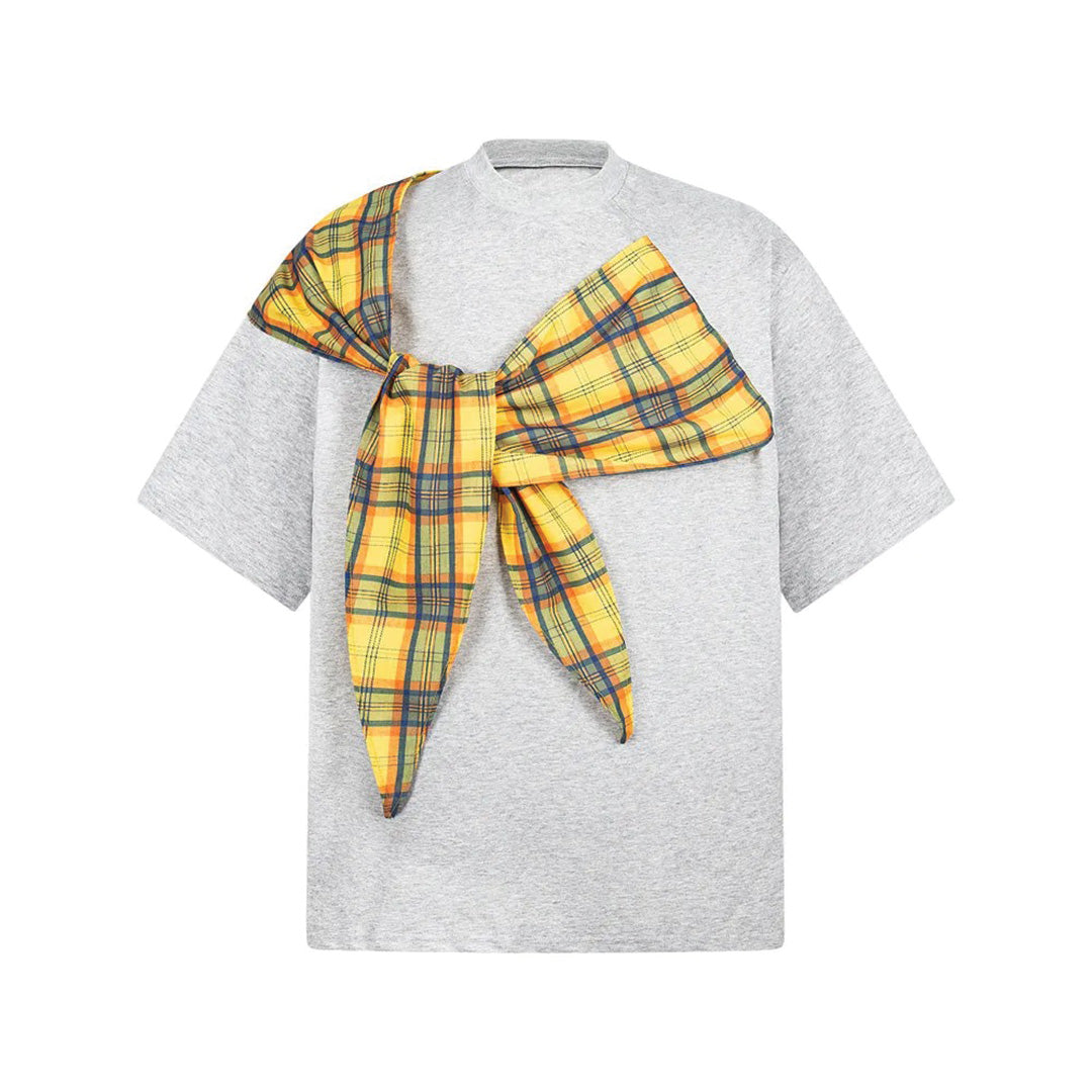 T Shirt Oversize Avec Nœud Plaid Décalé En Coton Col Rond Regular Fit Stylé Déclaré