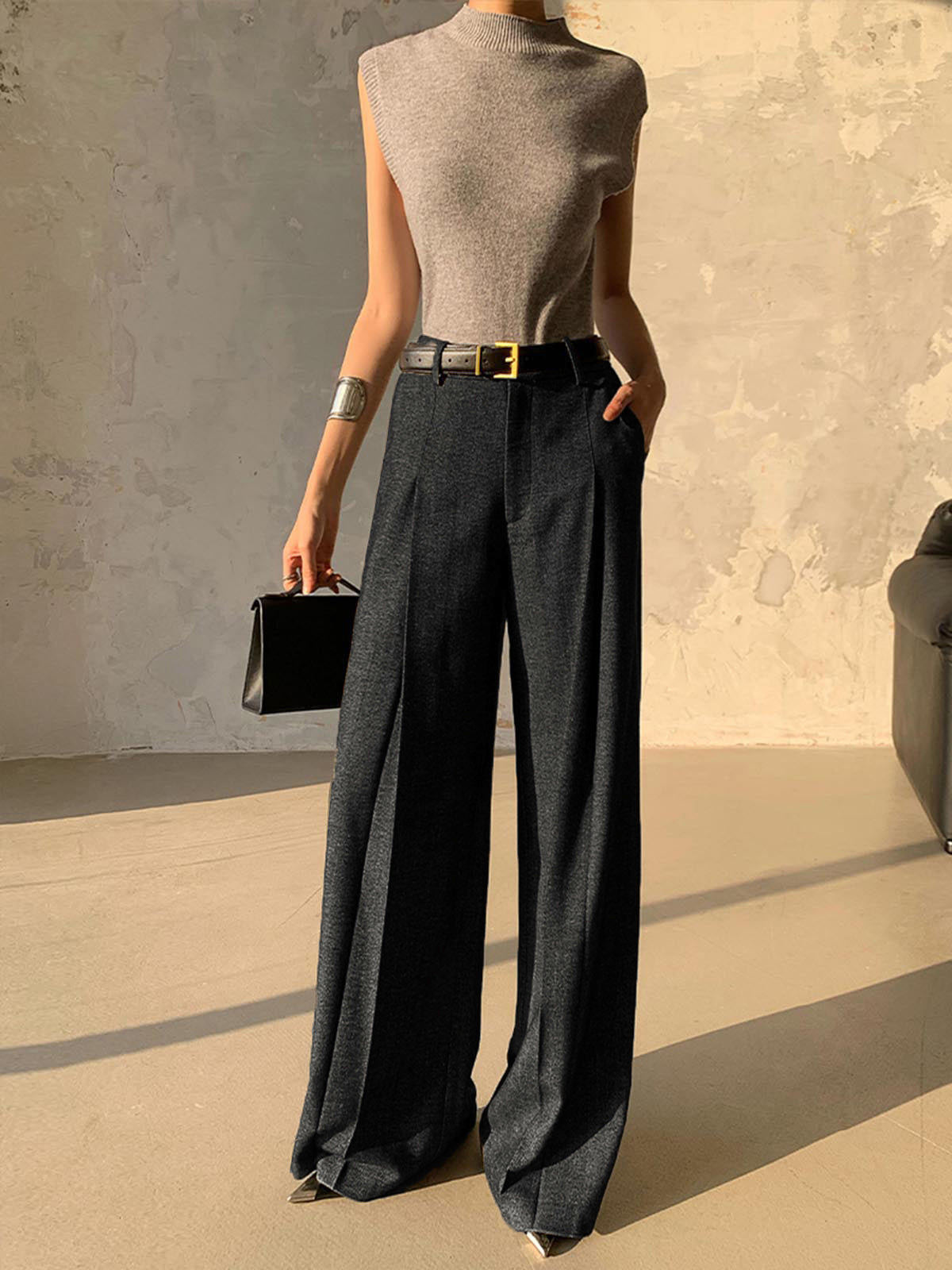 Pantalon Plissé À Taille Haute Sans Ceinture En Polyester Léger Et Confortable Pour Le Travail Et Détente