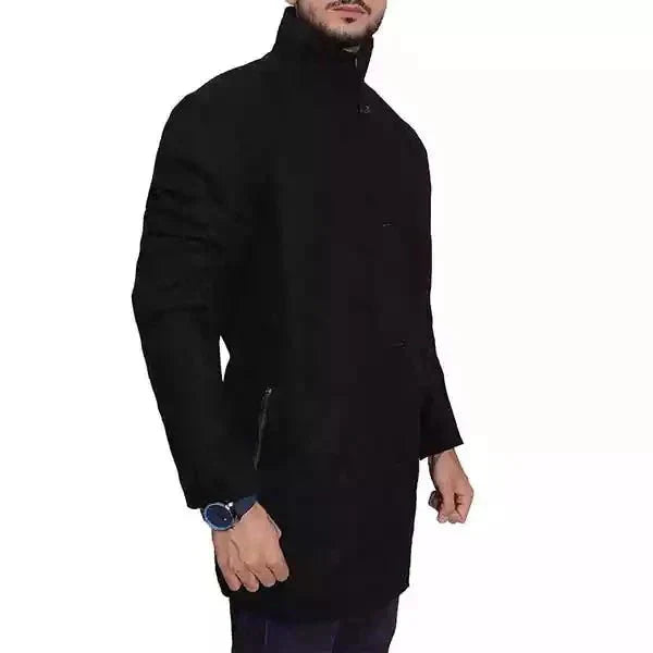 Manteau En Laine Noire Pour Homme Amawinc Col Debout Boutons Devant Pour Hiver Élégant Et Chaud