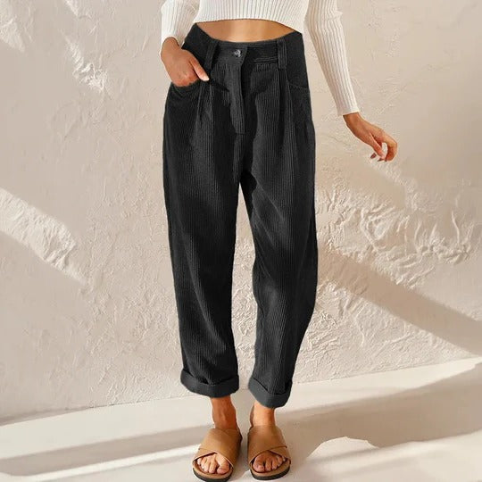 Pantalon Velours Côtelé Femme Décontracté À Jambe Large Taille Haute Élastique Pour Tous Les Jours